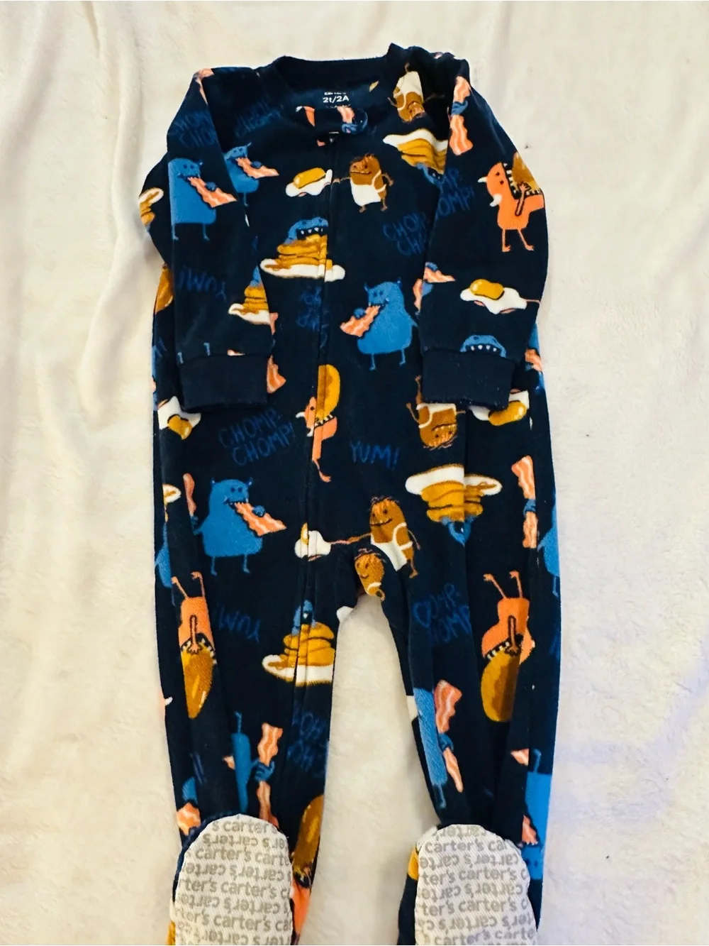 Carter's Navy Blue Fleece Footed Pajamas with Snack Character Print